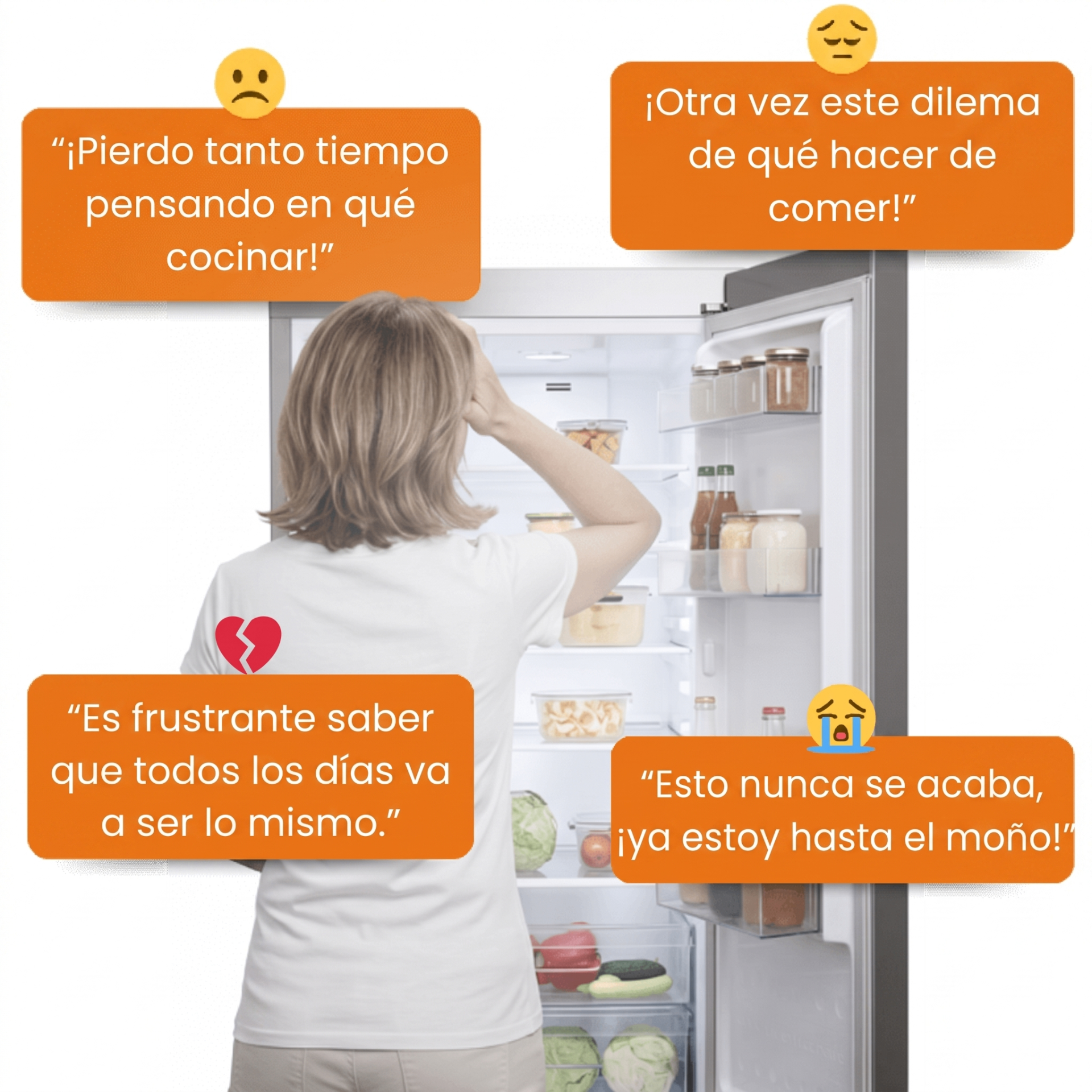Mujer frente a la nevera con frases de frustración